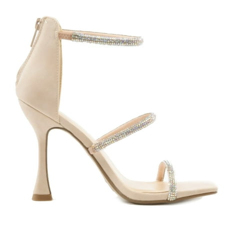 

SNJ Women s Open Toe Rhinestone Ankle Strap Square Toe Dress High Heel