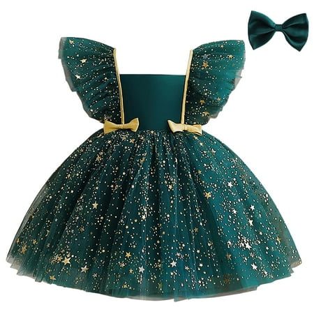 

WEAIXIMIUNG Cute Summer Dresses Plus Size Toddler Girls Christmas Fly Sleeve Dresses Prints Dress Headbands Set
