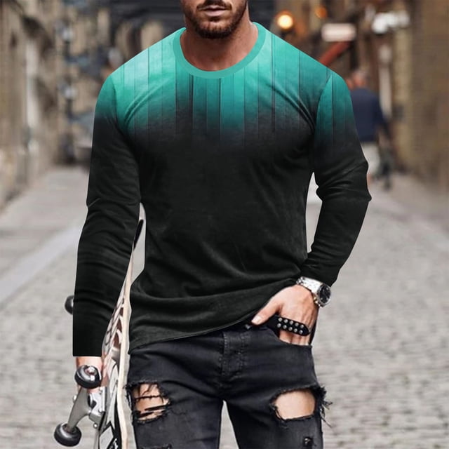 AherBiu Chemises à Manches Longues pour Hommes Grande Taille Col Rond Chandail Automne Hiver Dégradé Athlétique Course Extérieur