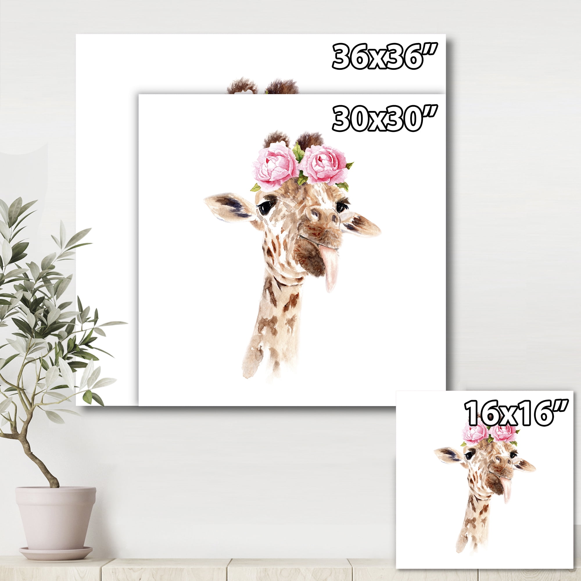 Designart ' Portrait of A Giraffe With Pink Flowers ' Farmhouse Canvas Wall Art Print