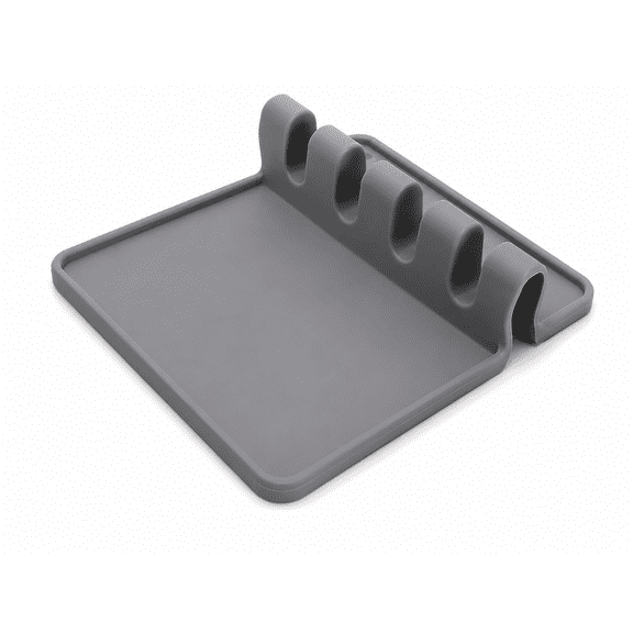 Simply Served Silicone Utensil Rest with 4 Slots and Drip Pad - Gray