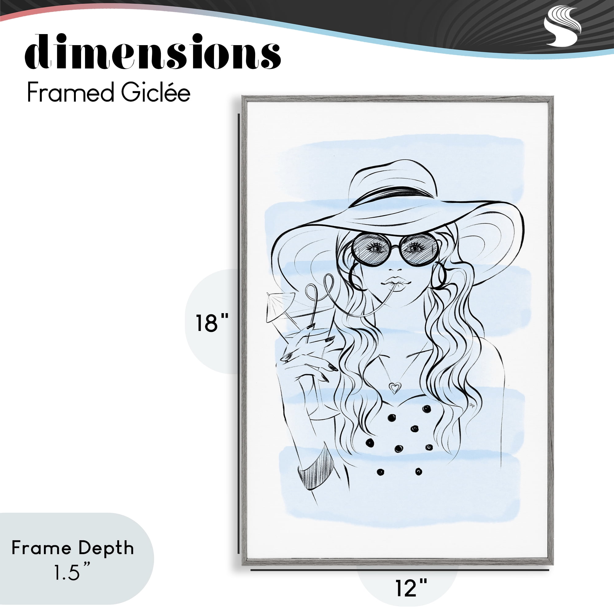 Stupell Industries Sipping Drink Girl in Sun Hat Gray Framed Giclee Art, design by Martina Pavlova