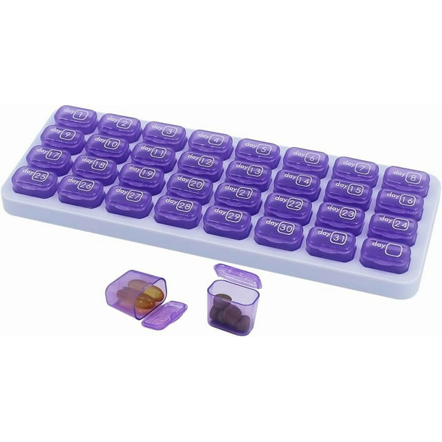 Organisateur de Pilules Mensuel, Grande Boîte de Pilules de Voyage 31 Jours, Étui à Pilules Quotidien, Conteneur de Pilules pour Vitamines, Médicaments, Suppléments, Huile de Poisson, Violet