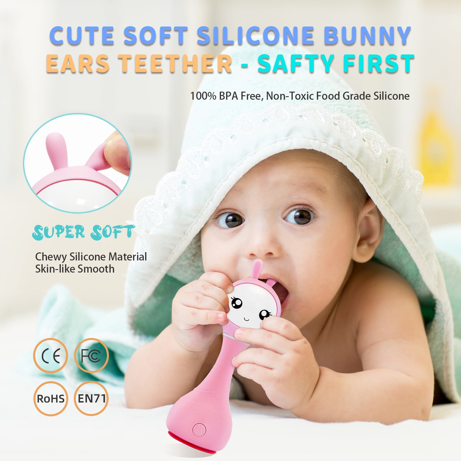 alilo Smarty Baby Audio Player - Toy w/ Chewable Teether Ears, Colorful Lights - Educational Sounds, Stories, Music, White Noise for 0-24 Months Kids - Baby Gift for Learning - Pink