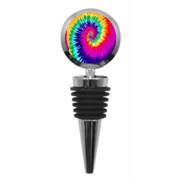 Trippy Multicolored Tie Dye Print Design - Wine Bottle Stopper - Silvertone Metal - Round Shaped