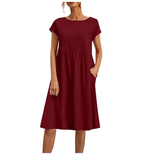 2025 Vestido largo de algodón y lino para mujer, con cuello redondo, tallas grandes, corte holgado, color liso, estilo veraniego/OL
