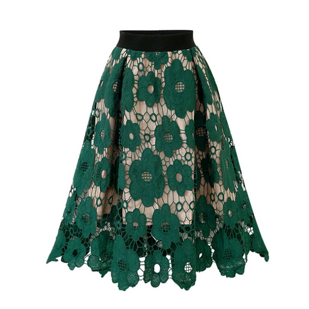 Womens Crotch Lace Knee Length Skirt Soft Stretch Flared Swing Skater Skirts 