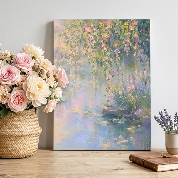 Canvas Wall Art Willow Tree Water Lily Canvas Art Print French Country Pink Flowers Blue Pond Pictures Wall Decor for Living Room Bedroom Artwork Decorations Stretched Framed Ready to Hang 22"x28"