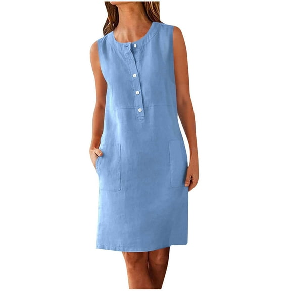 QingYiHua Women Casual Summer Beach Sleeveless Sundresses with Pockets Button Down Flowy Tank Dresses Vacation 2025,Blue