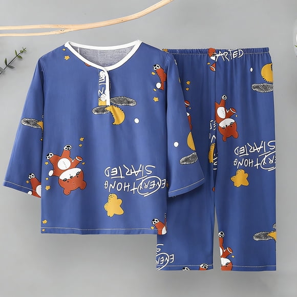 Conjuntos de blusas y camisas de cuello redondo y manga corta para niños de verano, ropa de casa estampada de manga corta para niños y niñas.