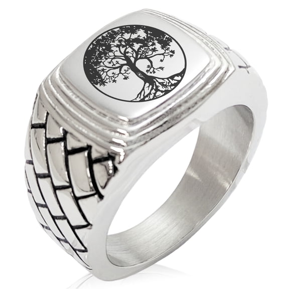 Stainless Steel Tree of Life Geometric Pattern Step-Down Biker Style Polished Ring
