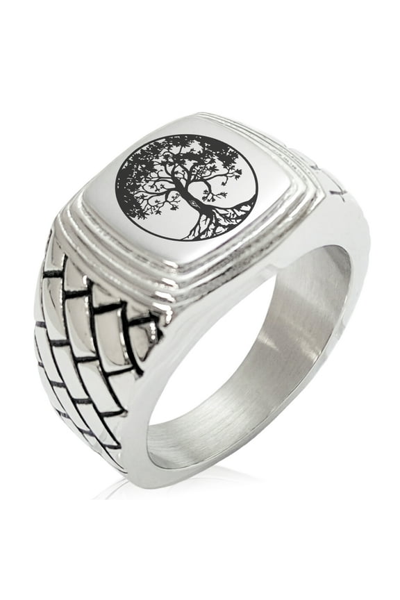 Stainless Steel Tree of Life Geometric Pattern Step-Down Biker Style Polished Ring