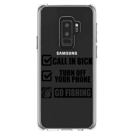 DistinctInk Clear Shockproof Hybrid Case for Samsung Galaxy S9+ PLUS (6.2 Screen) - TPU Bumper Acrylic Back Tempered Glass Screen Protector - Call in Sick Turn Off Phone Go Fishing