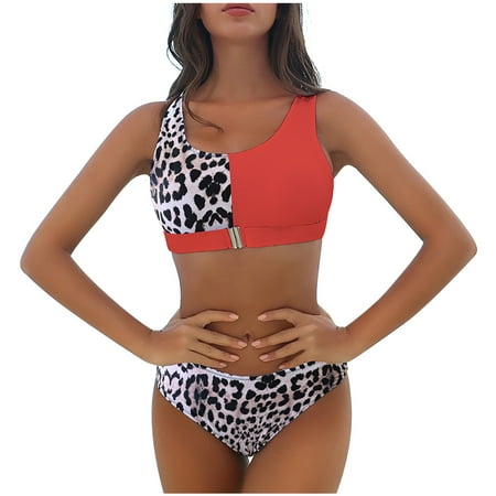 QIPOPIQ Swimsuits for Women Two Piece Leopard Print Sexy Backless Halter Beach Bikini Swimwear Set Bikinis Sets Summer Clearance