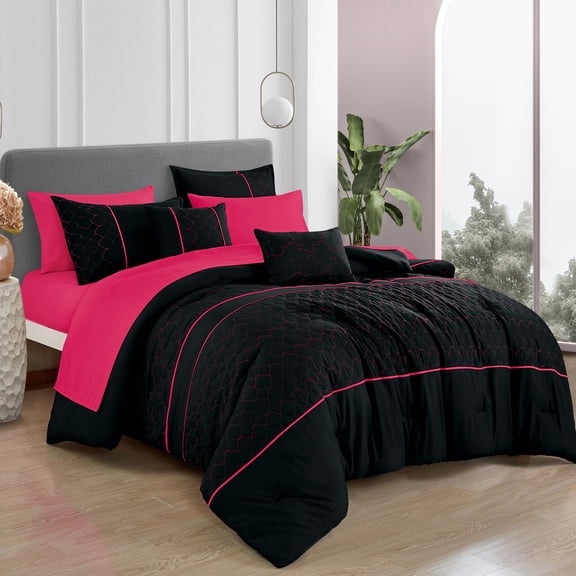 9-Piece Black & Hot Pink Quilted Comforter with Sheet Set Cal King Size