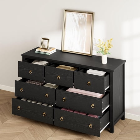 Bedside Table with 7 Drawers Fluted Modern Nightstand for Bedroom Bedroom Dresser Chest of Drawers with Gold Legs & Handles Easy Assembly End Sofa Table for Living Room Office