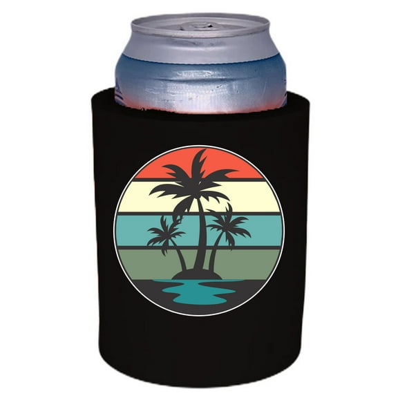 Retro Palm Trees Thick Foam Old School Can Coolie (Black)