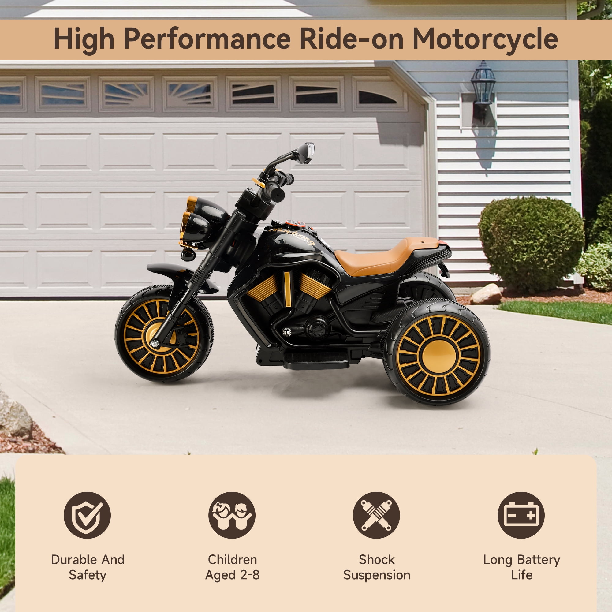 Bruce&Shark Kids Electric Motorcycle Ride On Toy, 3-Wheel Chopper, Dual Drive Battery Powered Motorbike for Kids 1-8 years Boys Girls