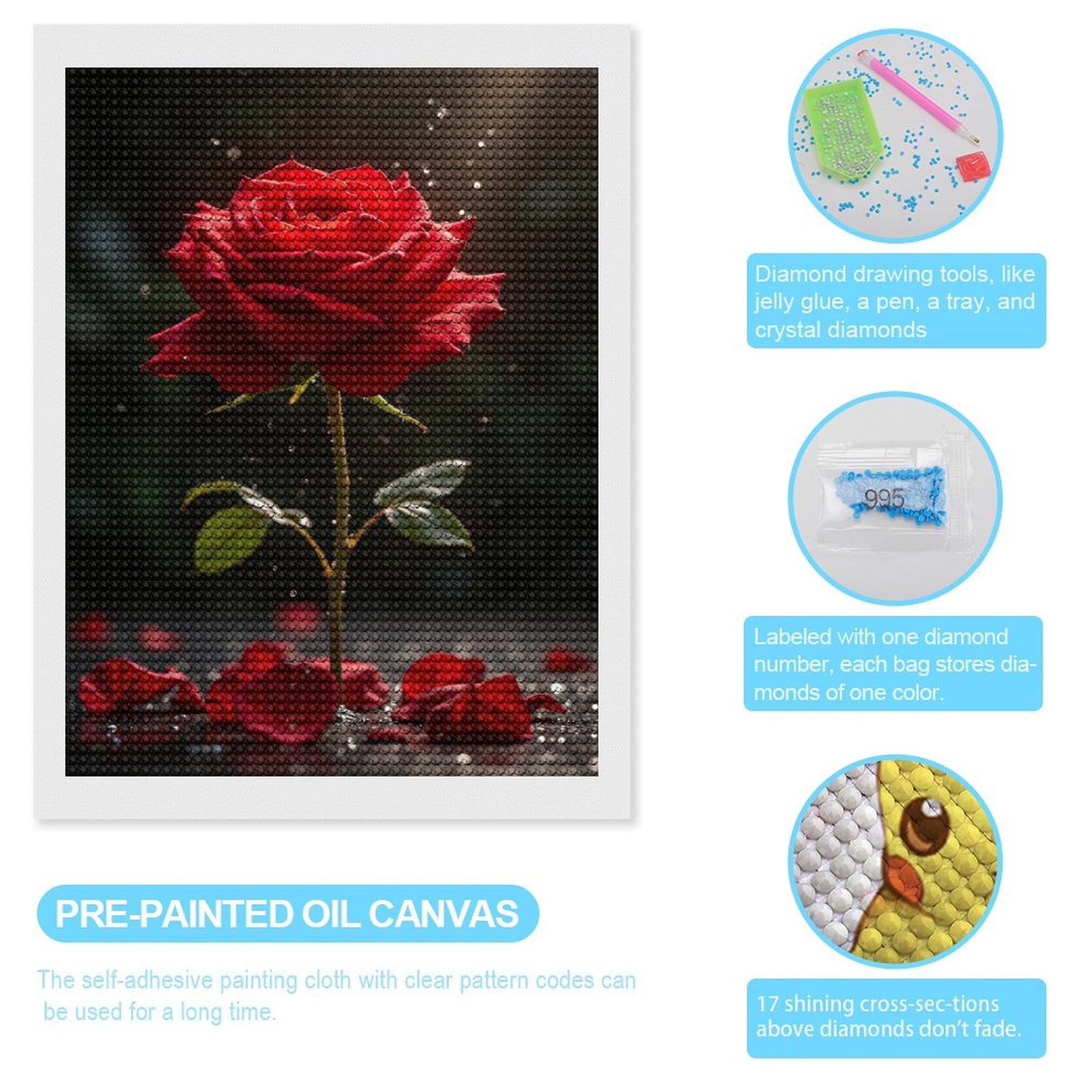 Diamond Art Kits for Adults, Radiant Red Rose With Petals Droplets 5D Diamond Painting Kits for Adults Beginners, DIY Full Drill Diamond Painting, Gem Art and Crafts 12x16