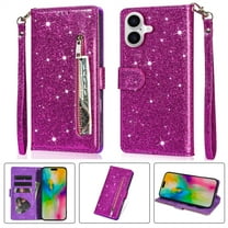 Allytechgroup Glitter Case for iPhone 16, Bling PU Leather Flip Folio Stand Cards Holder Anti-Scratch Shockproof Bumper Wallet Case Cover for iPhone 16, Purple
