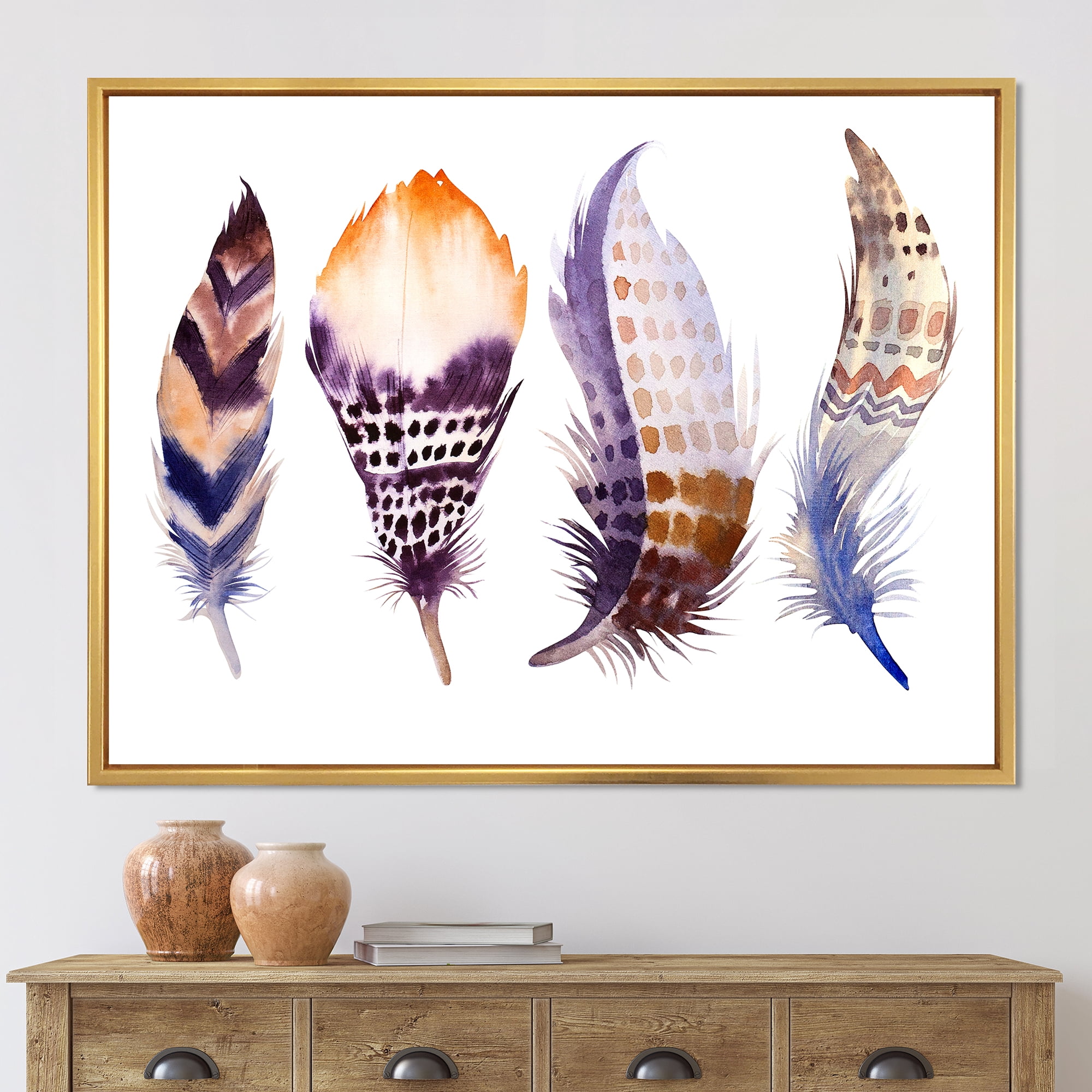 Designart 'Purple Boho Art Feathers' Bohemian & Eclectic Framed Canvas Wall Art Print