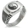 thumbnail image 1 of Stainless Steel Sun & Moon Yin Yang CZ Ribbed Needle Stripe Pattern Biker Style Polished Ring, 1 of 1