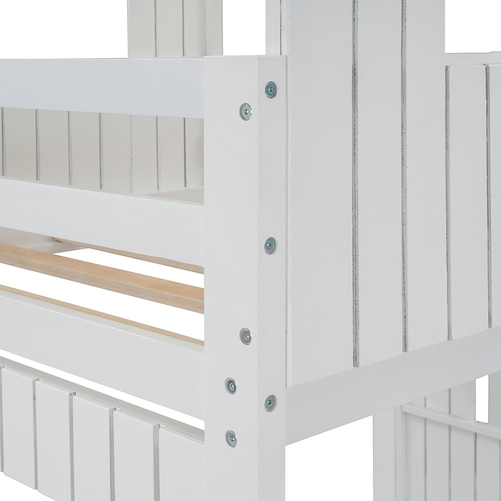 Kepooman Living Harlan Wood Loft Bed, Twin Over Full Bunk Bed, Loft Bed with Playhouse, Farmhouse, Ladder and Guardrails, White Kepooman Living Harlan Wood Loft Bed, Twin Over Full Bunk Bed, Loft Bed with Playhouse, Farmhouse, Ladder and Guardrails, White
