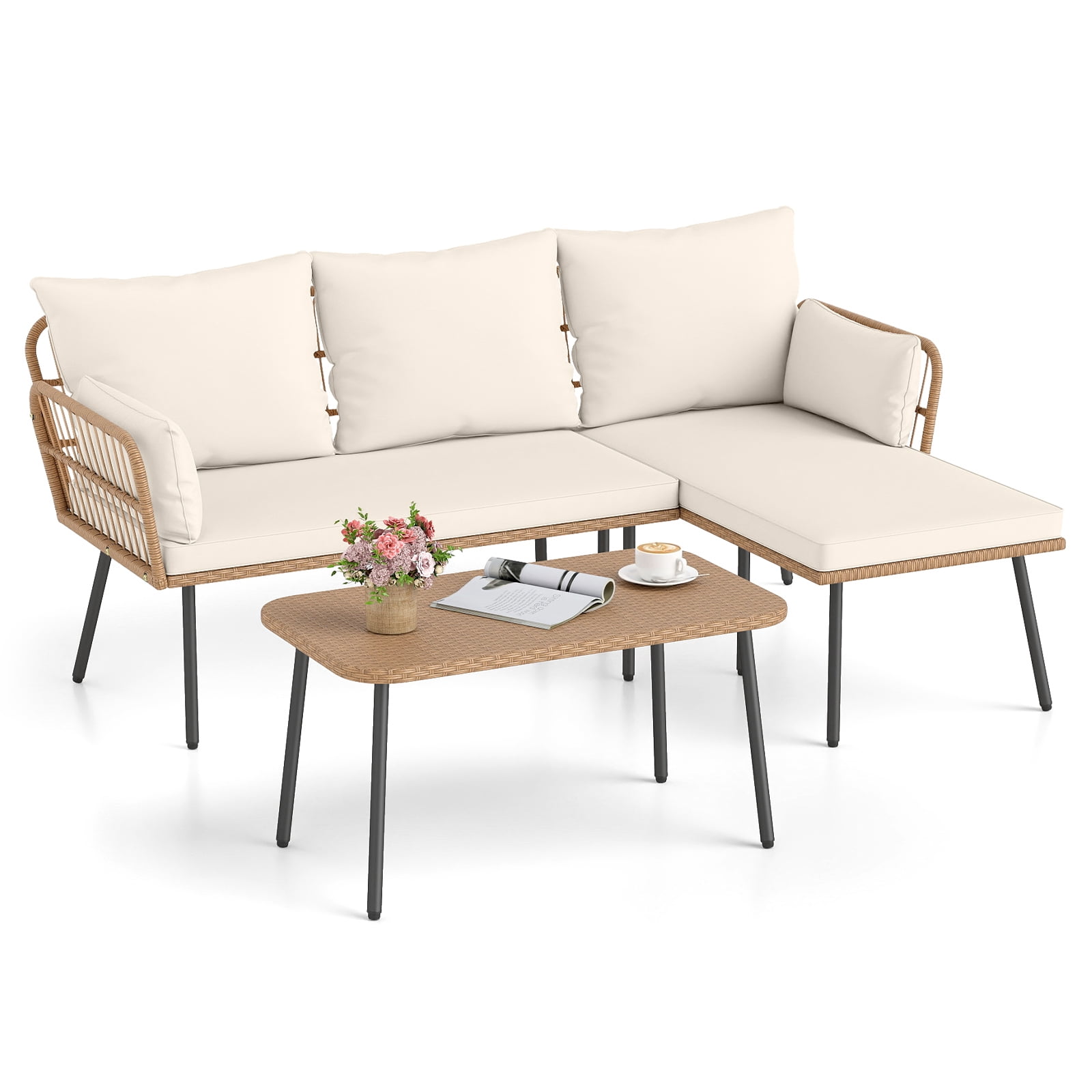 Costway 3 Pieces L-Shaped Patio Furniture Set with Coffee Table, Removable Cushions Mix Yellow + Off White/ Light Brown + Beige