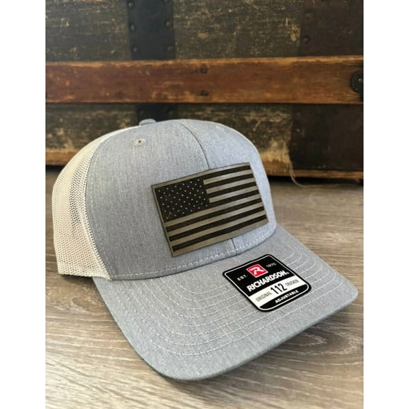 American Flag genuine leather patch Hat, Richardson 112, trucker hat, patriotic hat