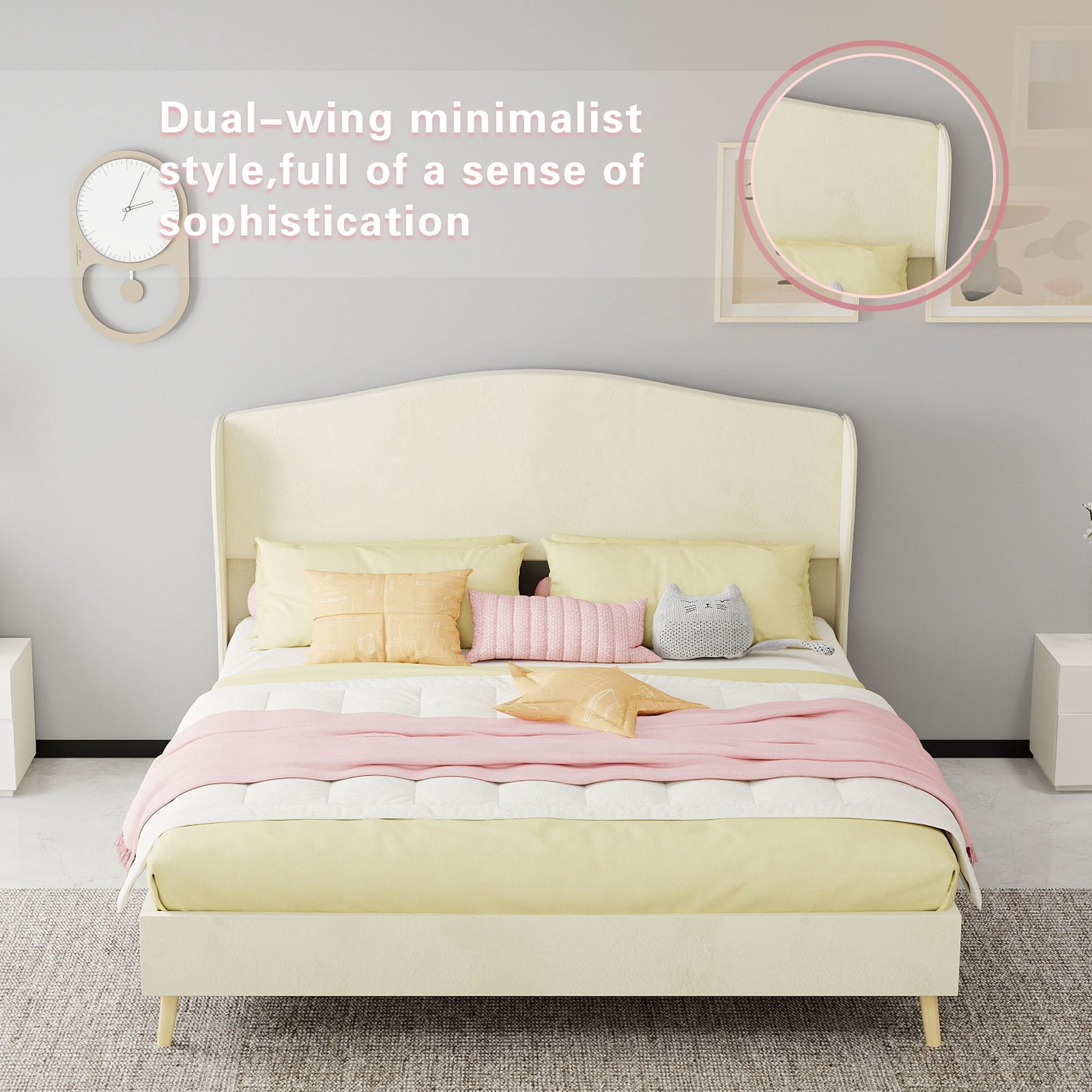Alvantor Queen Size Upholstered Bed Frame with Padded Headboard, Holland Velvet Tufted Noise-Free & Durable Beige