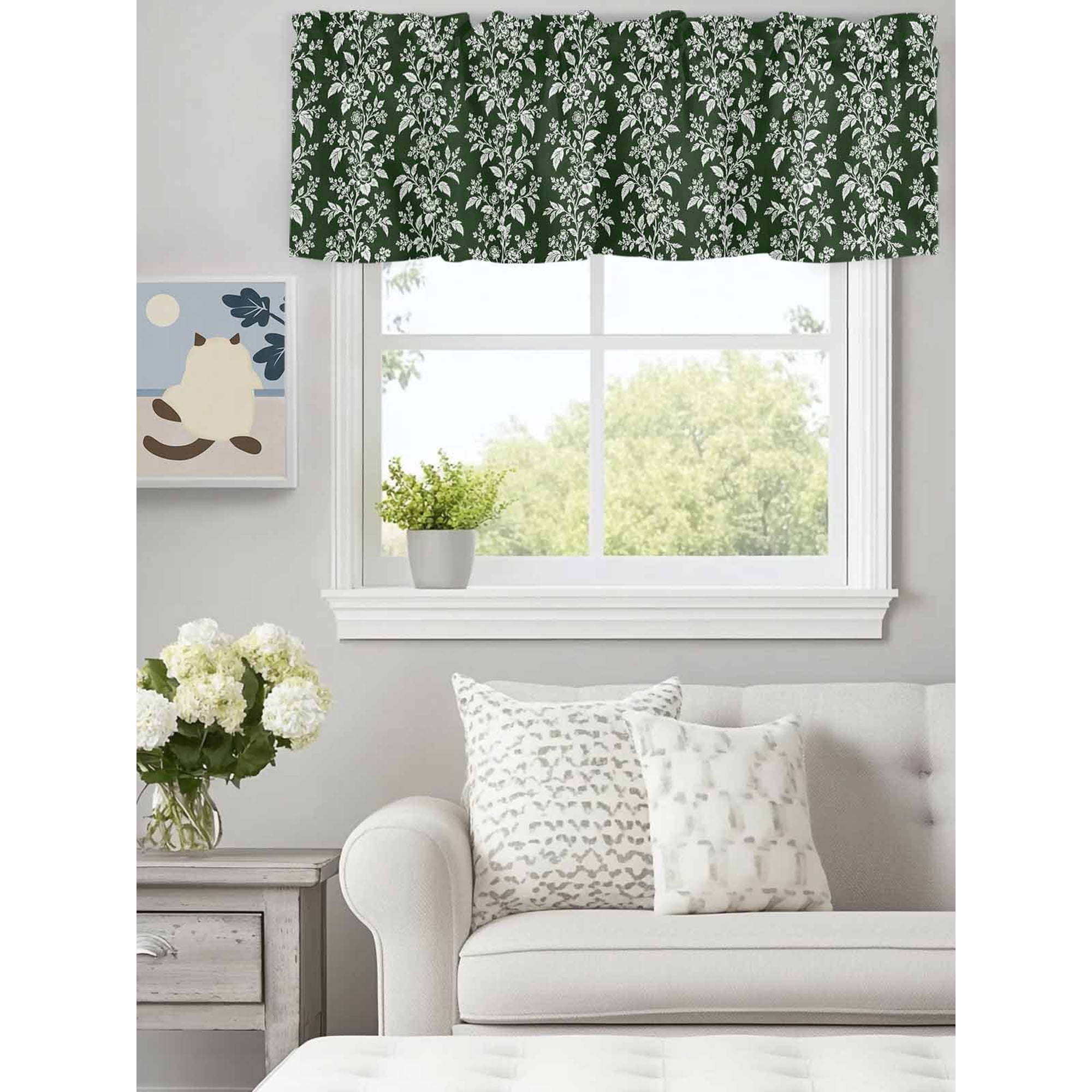 Curtain Valance for Windows Cream Floral Vines Kitchen Valances Rod Pocket Short Curtains Minimalist Green Background Window Valance for Bedroom Bathroom Living room 60x18in