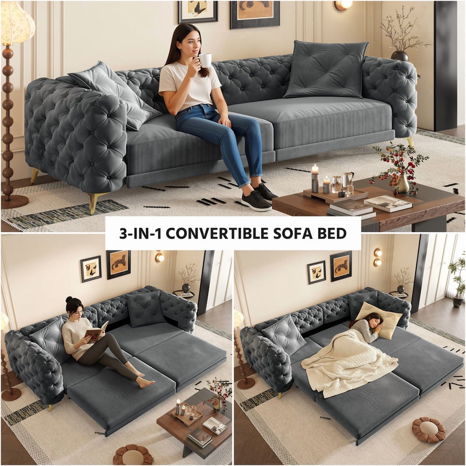 3-in-1 Convertible Sleeper Sofa Bed, 97.7'' 4-Seater Velvet Couch with Pull Out Bed & Movable Ottoman, Deep Seat Tufted Futon for Living Room, Apartment & Office