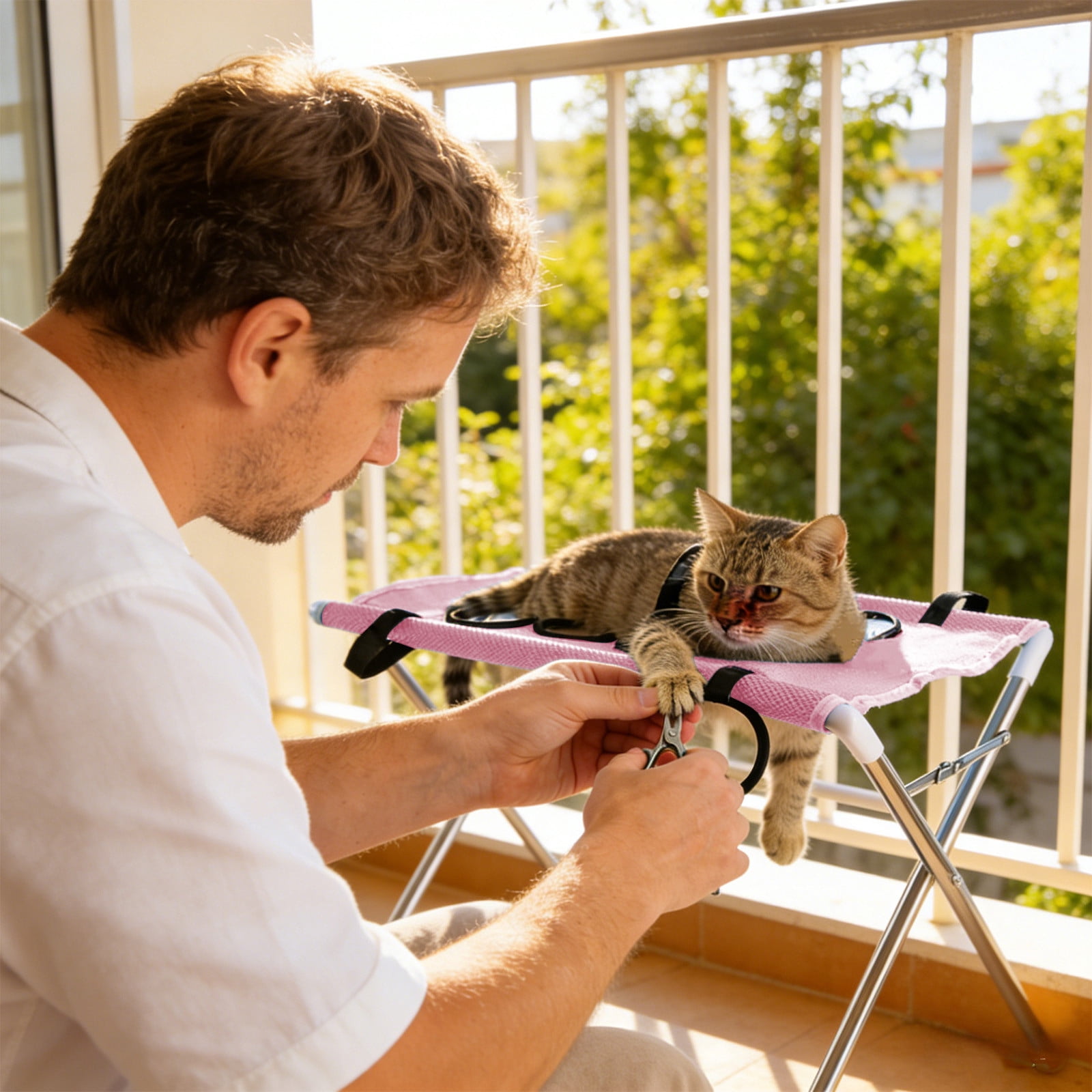 Pet Grooming Hammock Harness - Cat Nail Trimming Sling, 8 Hole Adjustable Design, with Breathable Mesh Fabric - Indoor Grooming Support Tool, Pink