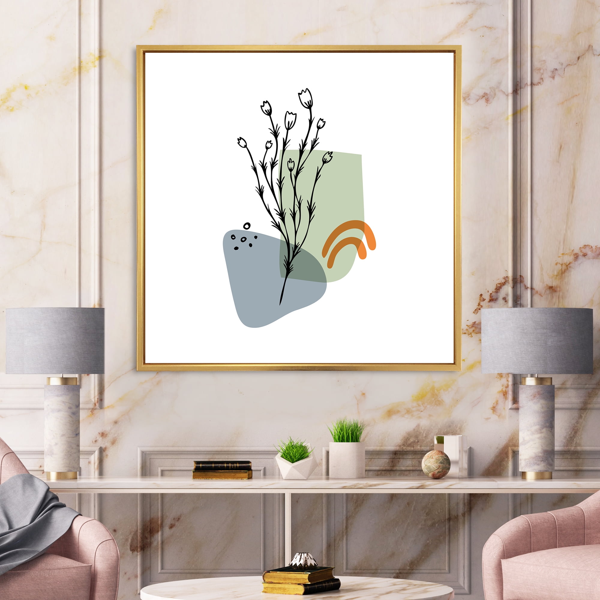 Designart 'Abstract Minimal Shapes Under Flowers II' Modern Framed Canvas Wall Art Print