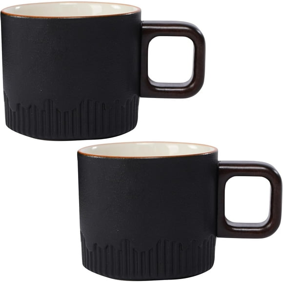 czcpp-2Pcs Espresso Cups Set, 2.5 OZ Wooden Handle Ceramic Espresso Cups, Ceramic Coffee Cups Porcelain,Demitasse Cups for Tea or Coffee (Black)
