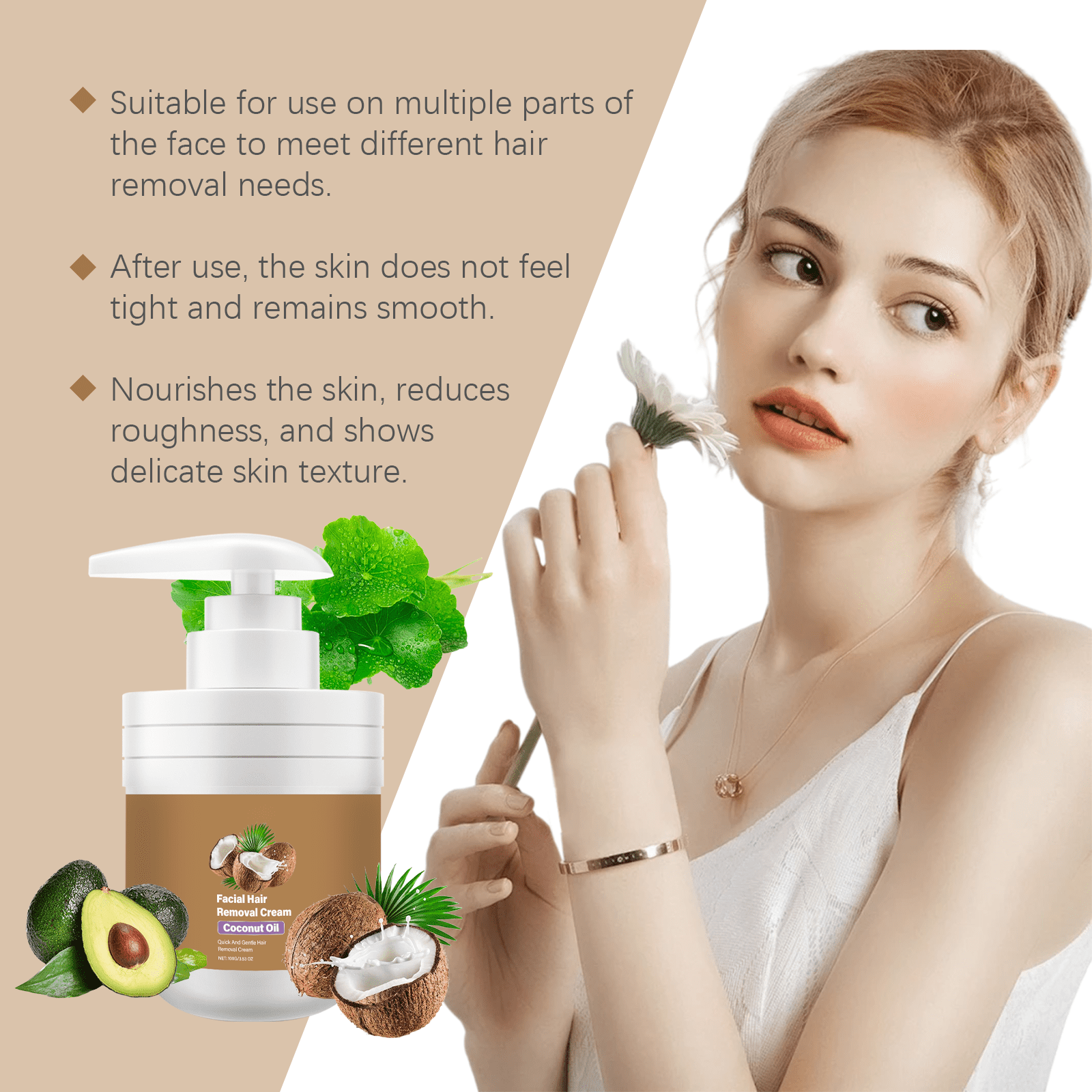 Alvantor Facial Hair Removal Cream, Coconut Oil Based Gentle Hair Removal, Painless and Non-Sticky, 3.53oz