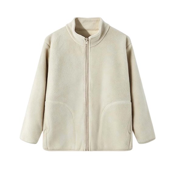 Unisex Kids Solid Color Fleece Coat, Long Sleeve Casual Outerwear With Side Pockets Loose Fashion Daily Jacket for Boys Girls All Season Wear Beige 1-2 Years