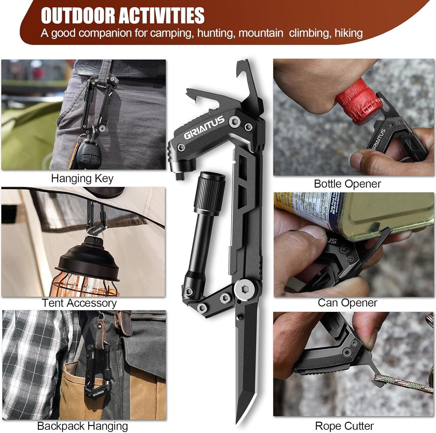 Carabiner Multitool 8-in-1 EDC Carabiners Pocket Knife, Serrated Rope Cutter, Screwdriver, Can Bottle Opener, Ruler, Survival Gear for Camping Climbing Hiking, Gifts Men ()