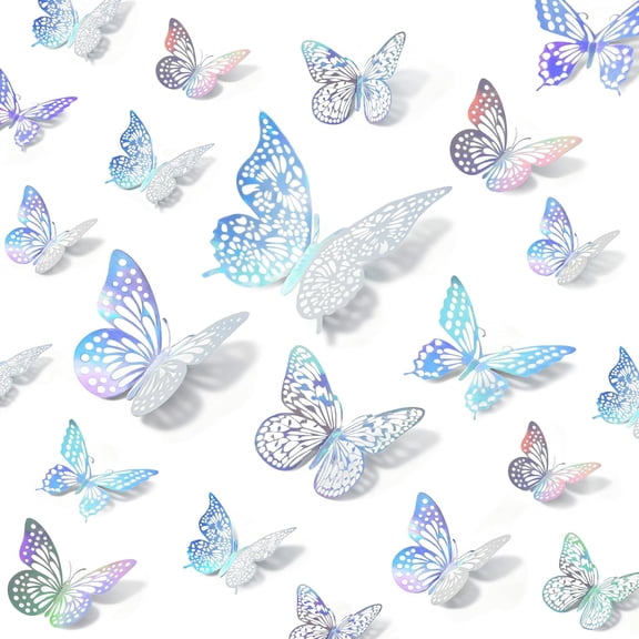 CCOCC 48 Pcs Iridescent 3D Butterfly Wall Decor Iridescent Party Decorations for Bedroom Nursery Removable Holographic Butterfly Wall Stickers for Birthday Wedding Gift Box Cake