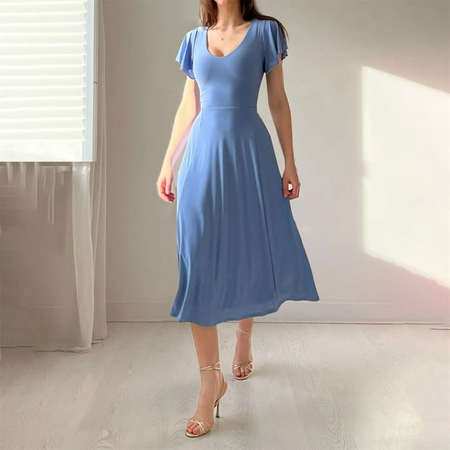 KOKOPARK Robe d'Invitée de Mariage d'Automne pour Femmes Décontractée Maxi Portefeuille à Manches Courtes à Volants Teinture Longue Bleu Ciel