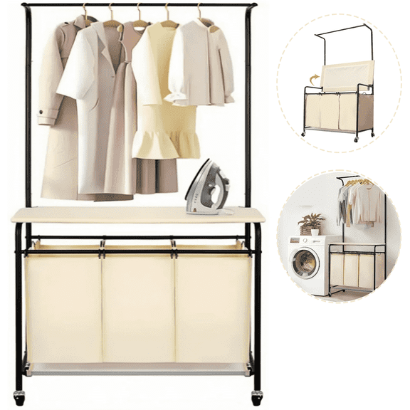 Petoto 3 Bag Laundry Sorter Rolling Cart with Hanging Bar and Ironing Board Top, Heavy-Duty Laundry Hamper