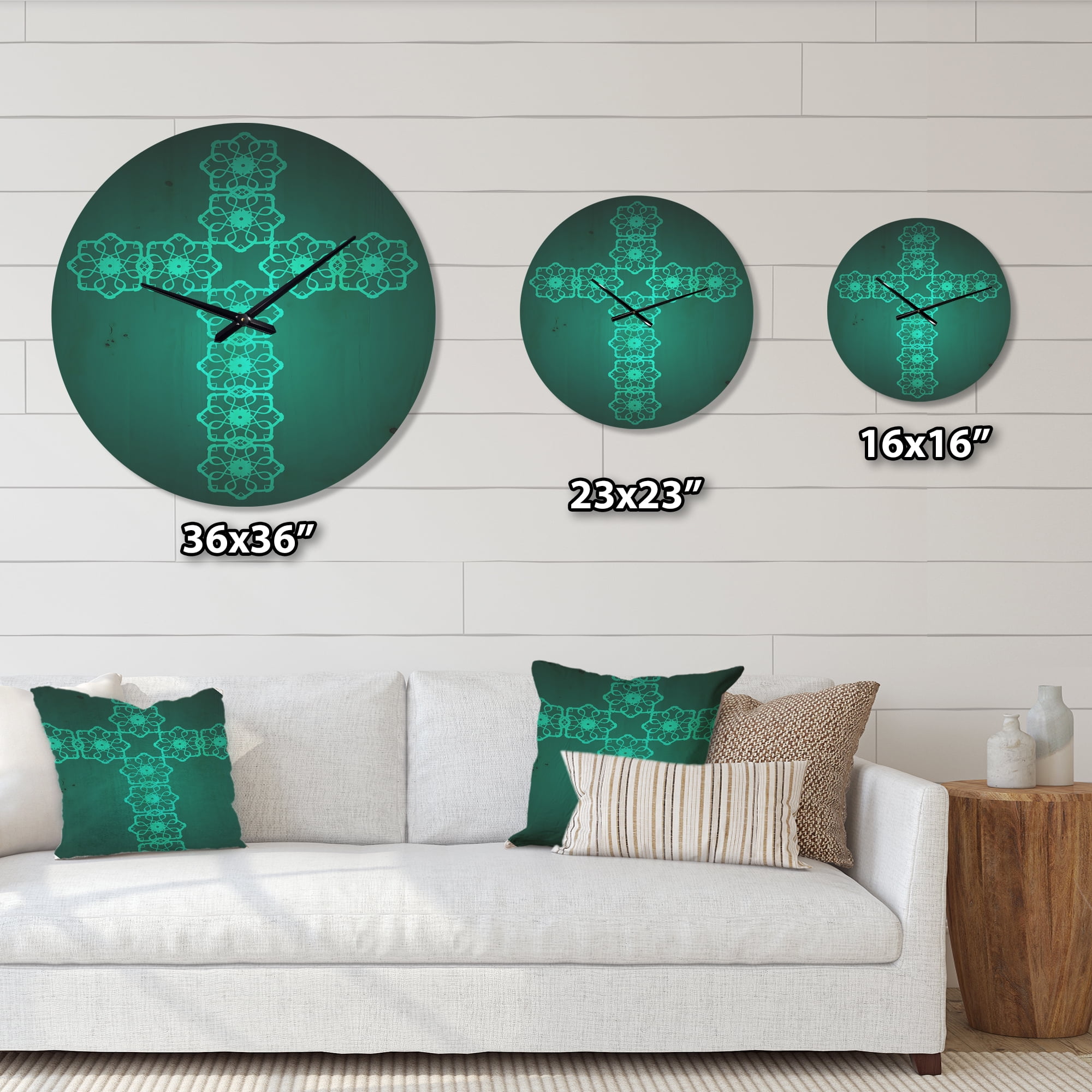 Designart 'Turquoise Pattern Holy Cross ' Modern Wood Wall Clock