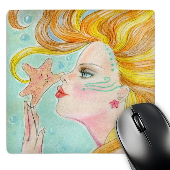 3dRose, Soft pastel ocean Mermaid with flowing hair gets a kiss from sweet starfish, MousePad