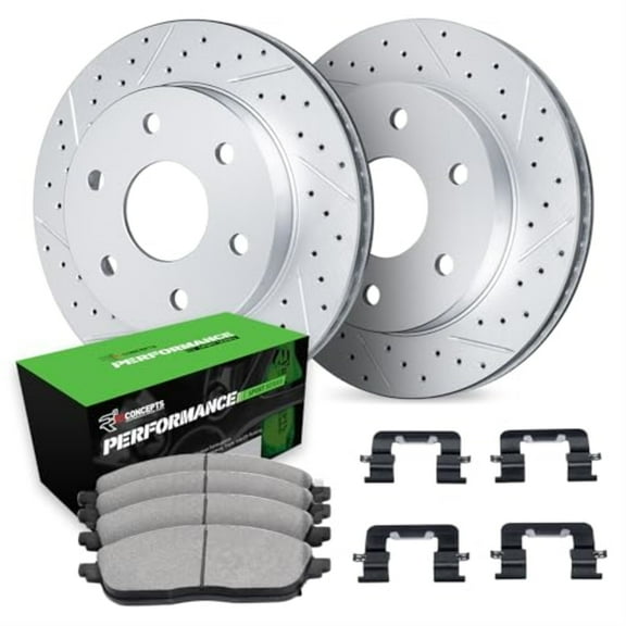 R1 Concepts Drilled and Slotted Carbon Coated Disc Brake Rotor Set with Performance Sport Pads and Hardware WBSH1-46094