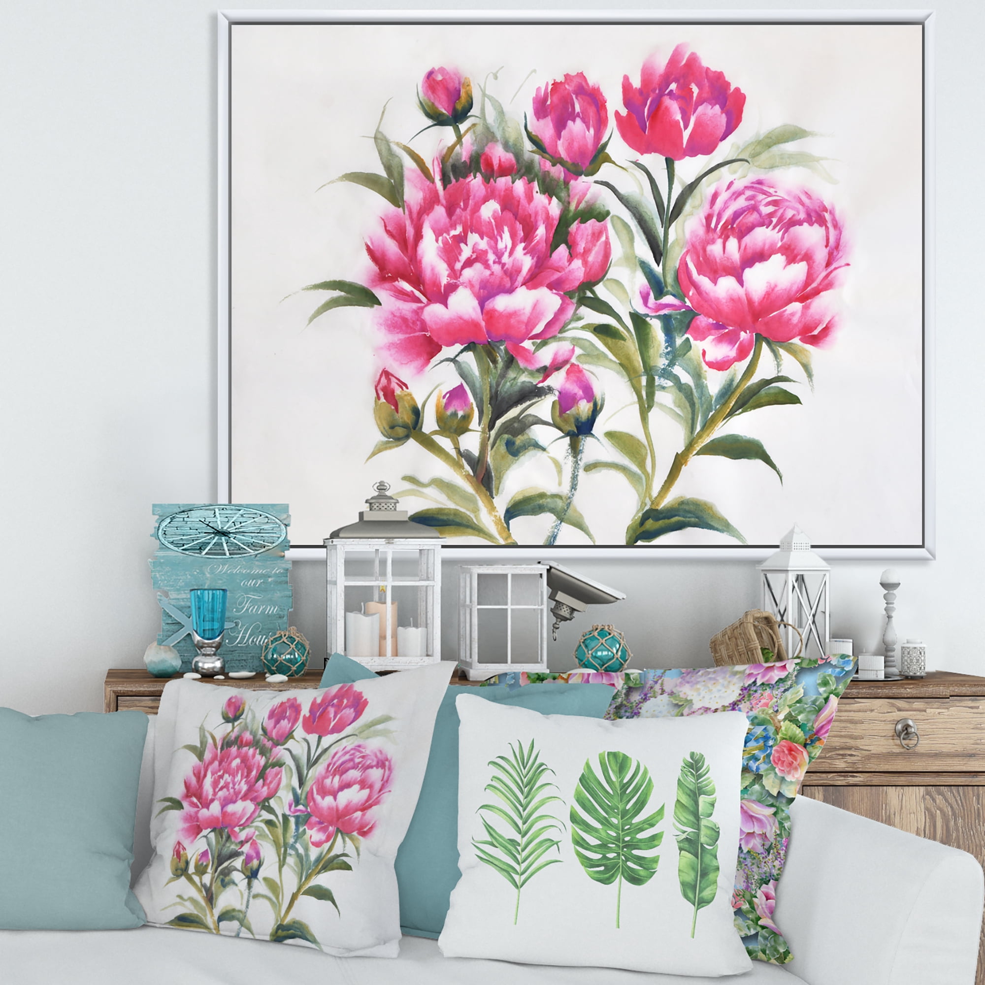 Designart 'Purple Peonies Flowers' Traditional Framed Canvas Wall Art Print