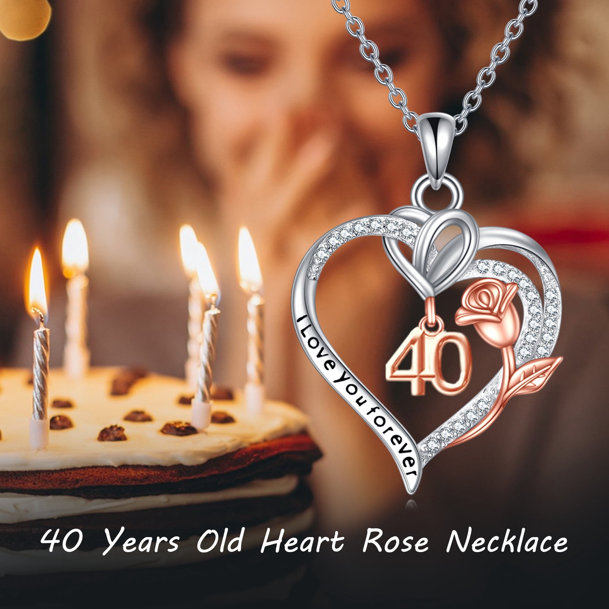 Birthday Necklace Sterling Silver 40th Birthday Pendant Necklace Heart Rose Flower Birthday Jewelry for Women Mothers Day Christmas Gifts