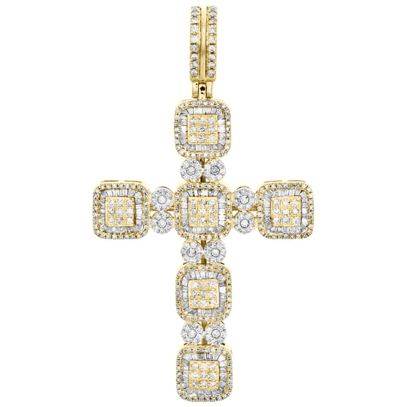 10K Yellow Gold Round & Baguette Diamond Cluster Cross Pendant 2.50" Charm 2 CT.