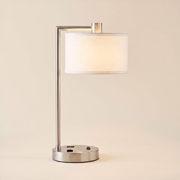 Possini Euro Design Colby Modern Desk Lamp 21" High Brushed Nickel with USB and AC Power Outlet in Base White Linen Drum Shade for Bedroom Living Room