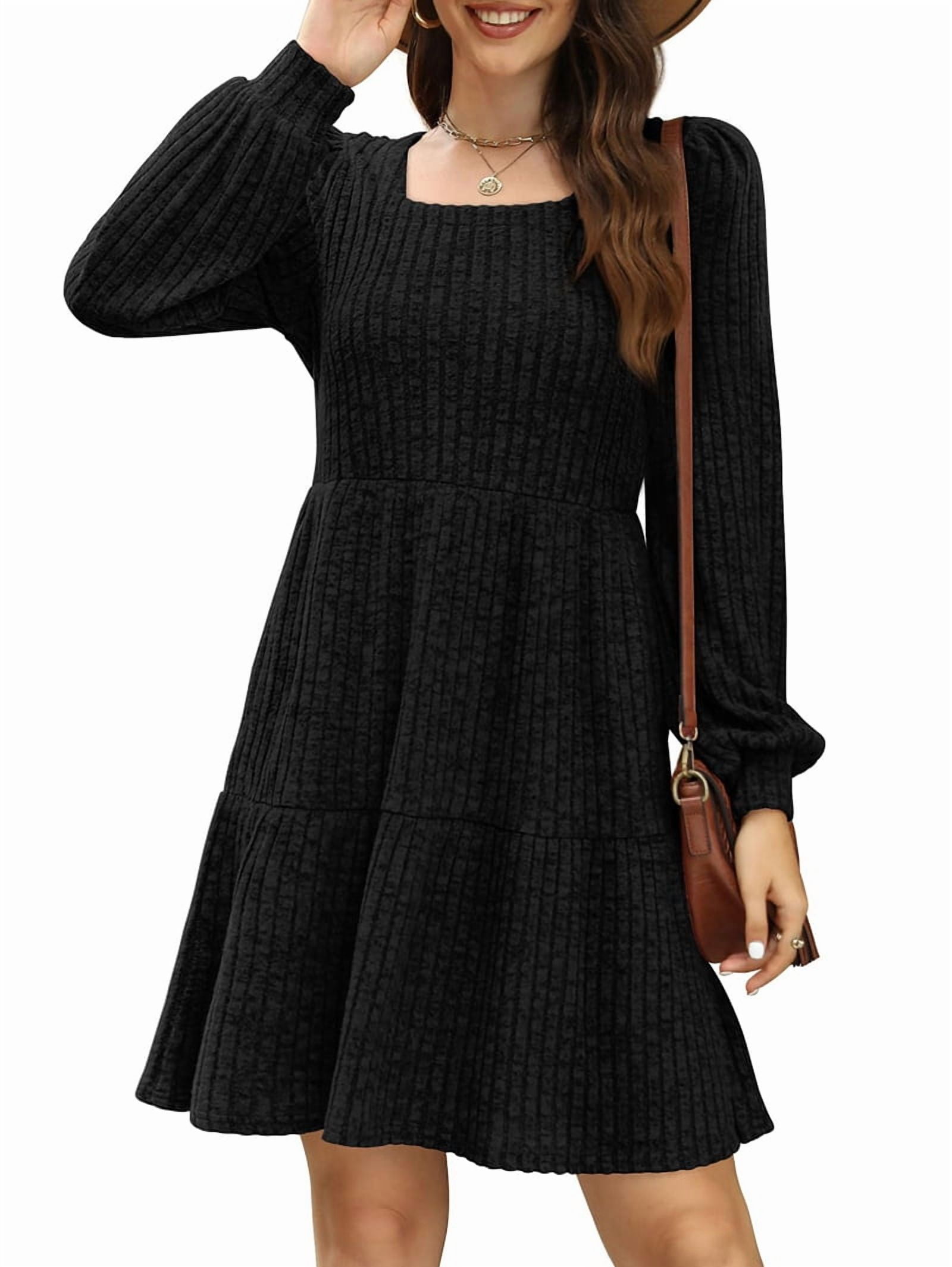 Womens Square Neck Long Sleeve Fall Dresses Casual Babydoll Sweater Dress