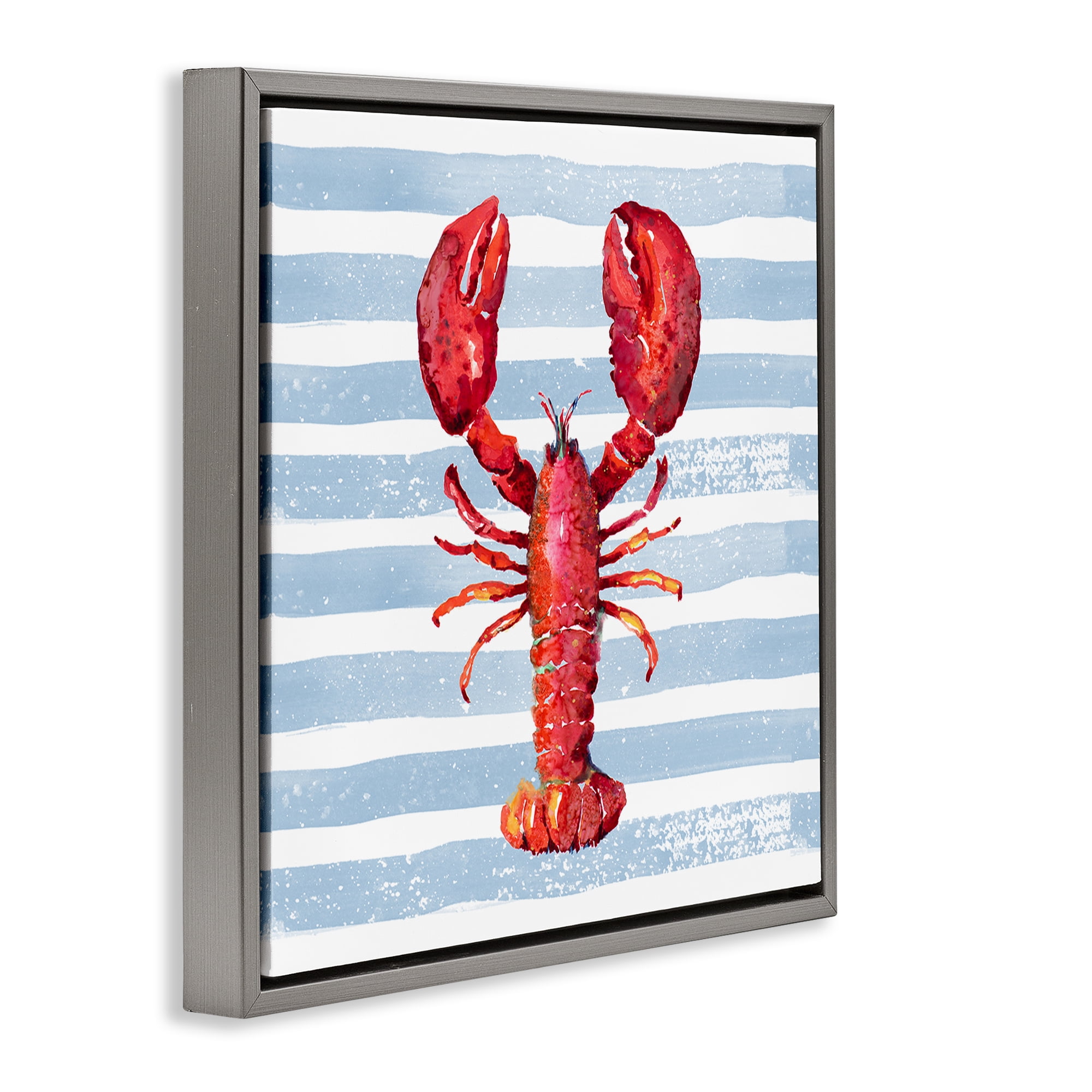 Stupell Industries Red Lobster on Blue Stripes Gray Framed Floater Canvas Wall Art, design by Patricia Pinto